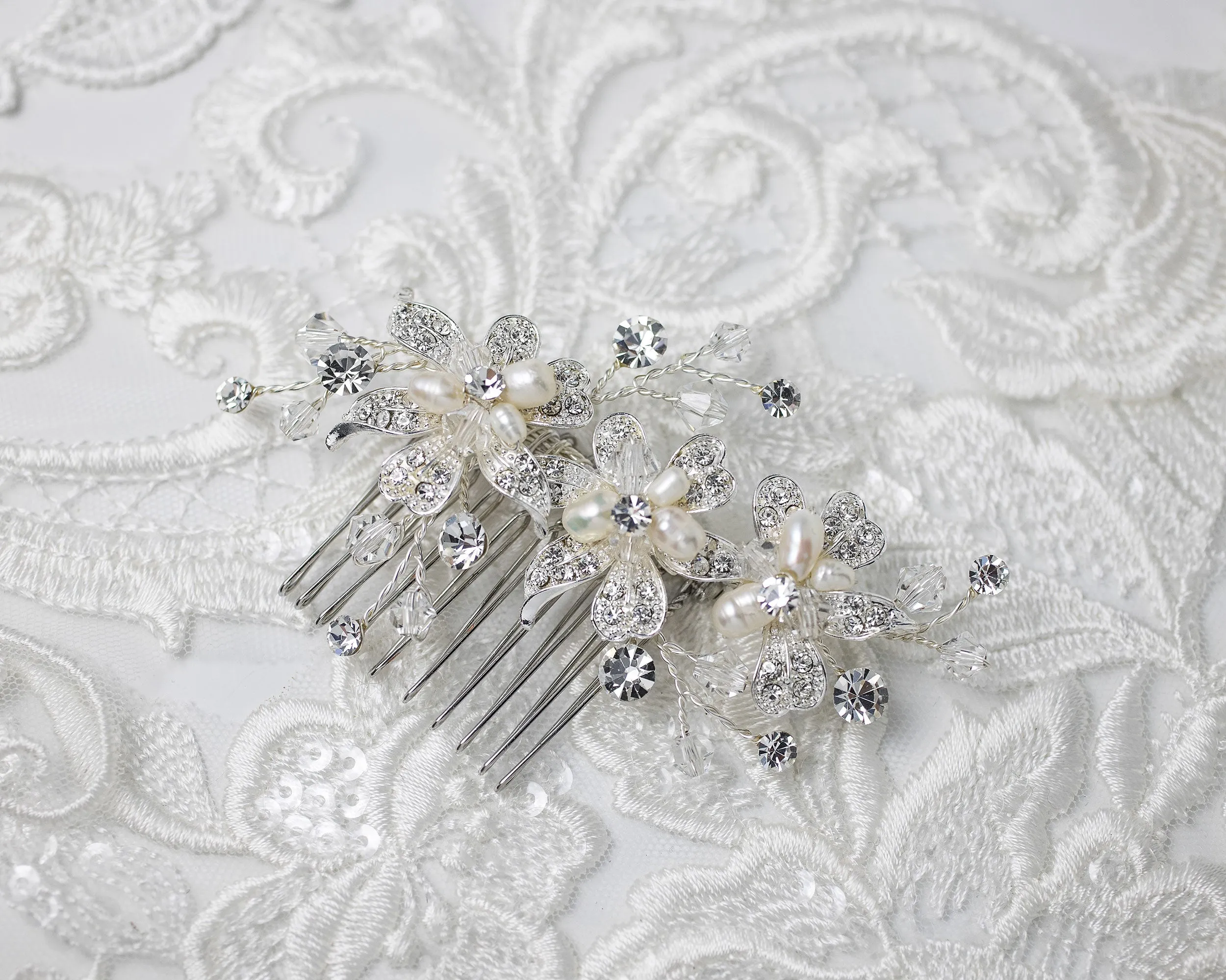 Silver Crystal Flowers with Freshwater Pearls Hair Comb