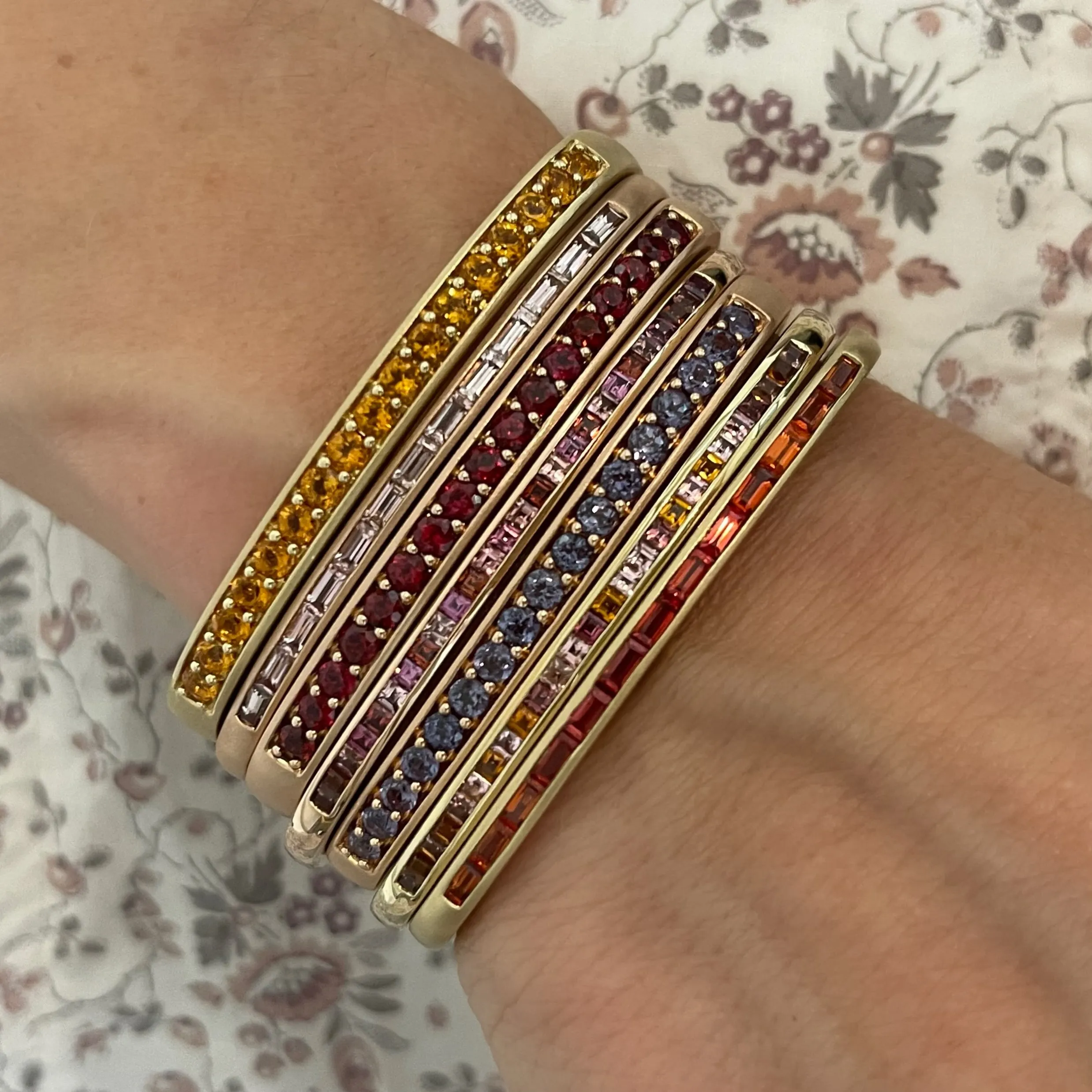 Slim Hinged Rectangular Cuff Bracelet with Pink Tourmaline & Citrine Squares