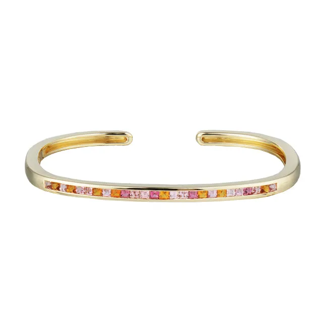 Slim Hinged Rectangular Cuff Bracelet with Pink Tourmaline & Citrine Squares