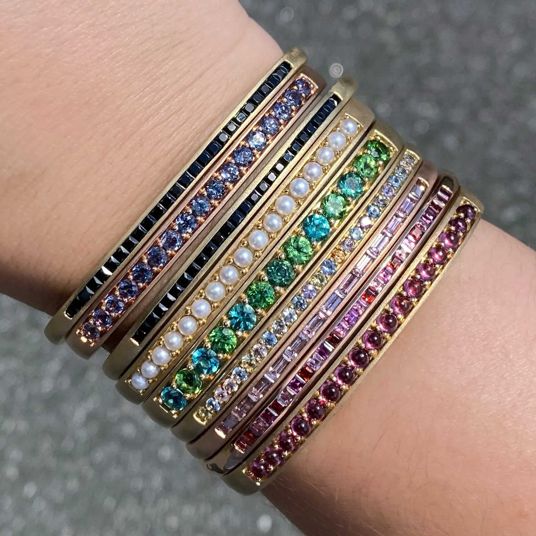 Slim Hinged Rectangular Cuff Bracelet with Pink Tourmaline & Citrine Squares