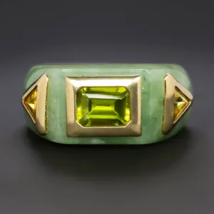 SOLID CARVED JADE RING PERIDOT CITRINE 14k YELLOW GOLD CHUNKY EAST WEST NATURAL