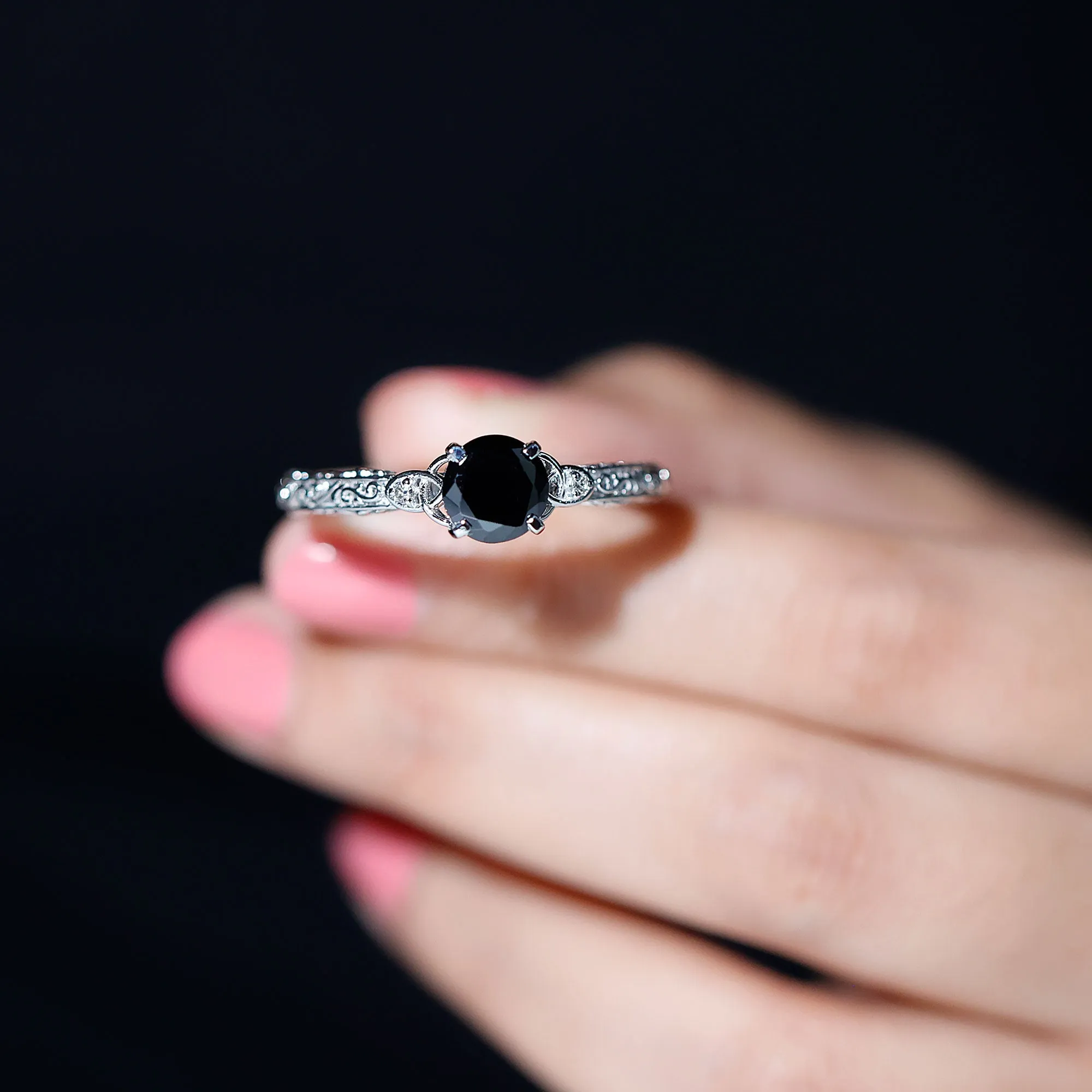 Solitaire Black Onyx Celtic Knot Engagement Ring with Diamond
