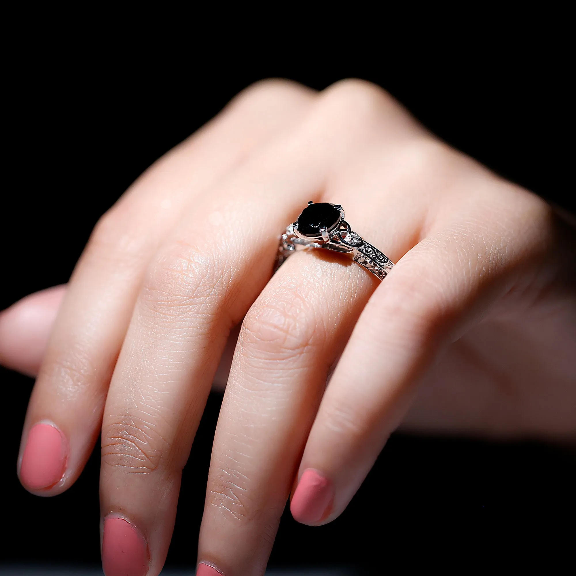 Solitaire Black Onyx Celtic Knot Engagement Ring with Diamond