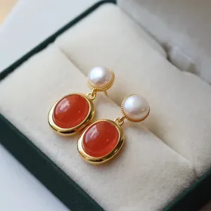 South Red Agate Pearl Drop Earrings