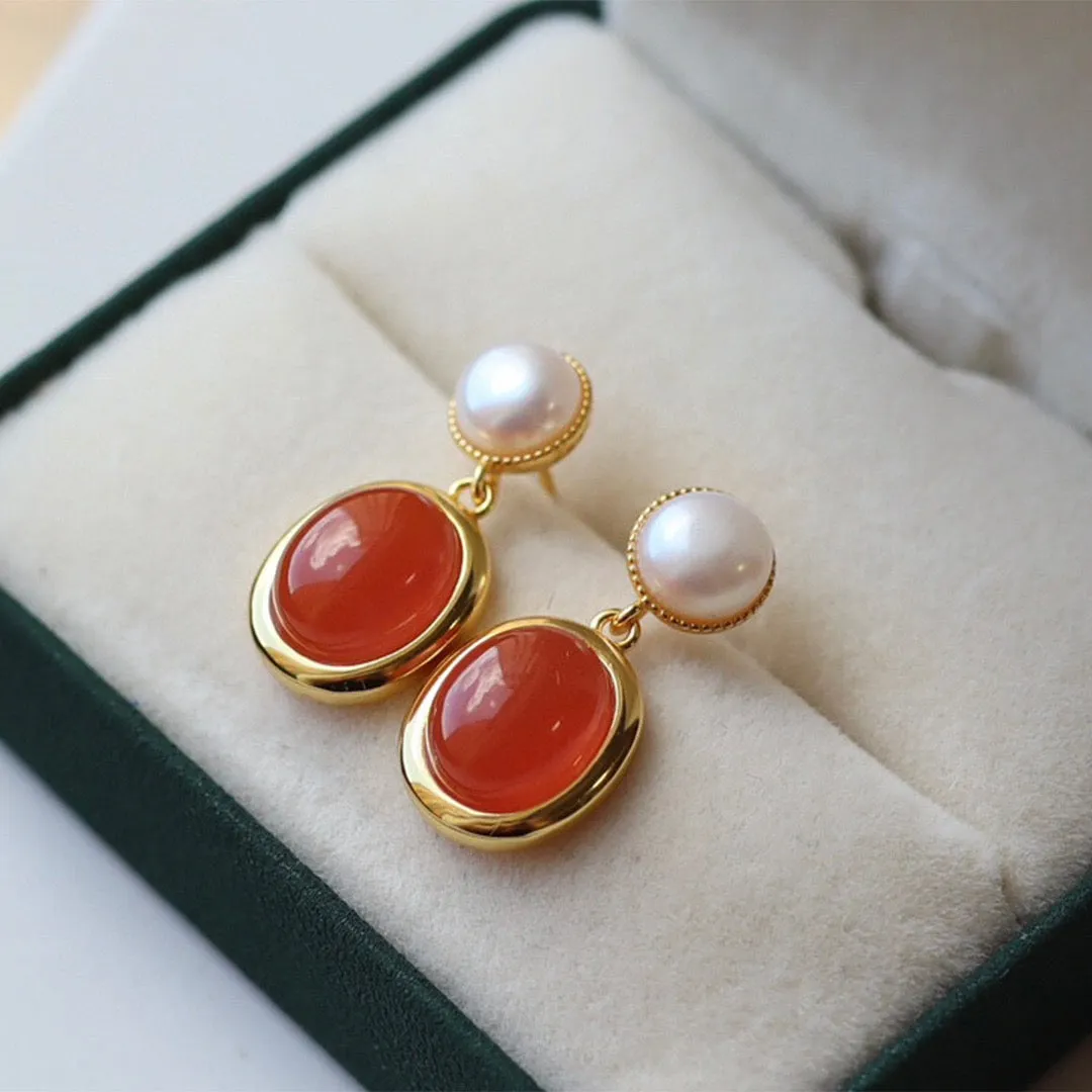 South Red Agate Pearl Drop Earrings