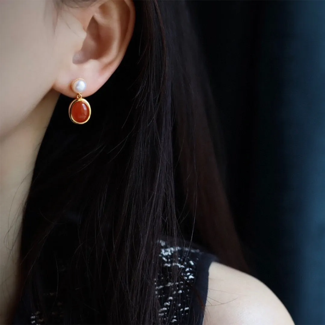 South Red Agate Pearl Drop Earrings