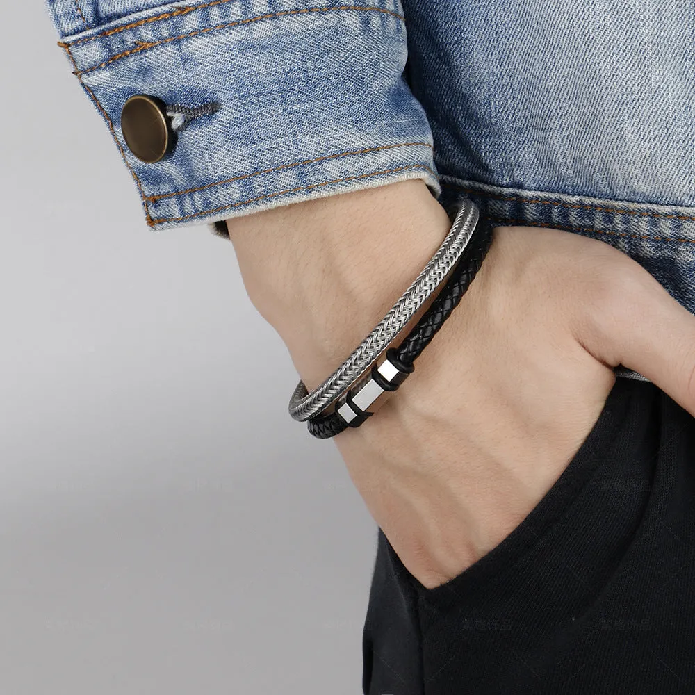 Stainless Steel Simple Steel Wire Woven Bracelet Men's Leather Magnetic Snap Titanium Steel Bracelet