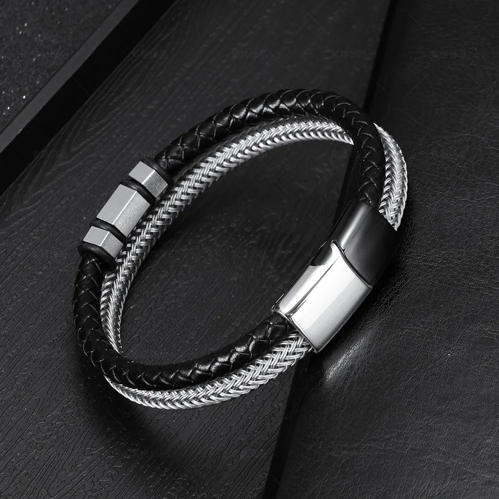 Stainless Steel Simple Steel Wire Woven Bracelet Men's Leather Magnetic Snap Titanium Steel Bracelet