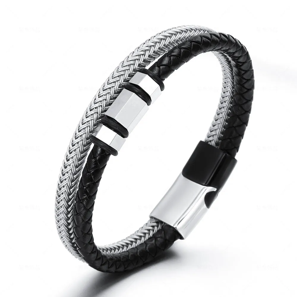 Stainless Steel Simple Steel Wire Woven Bracelet Men's Leather Magnetic Snap Titanium Steel Bracelet