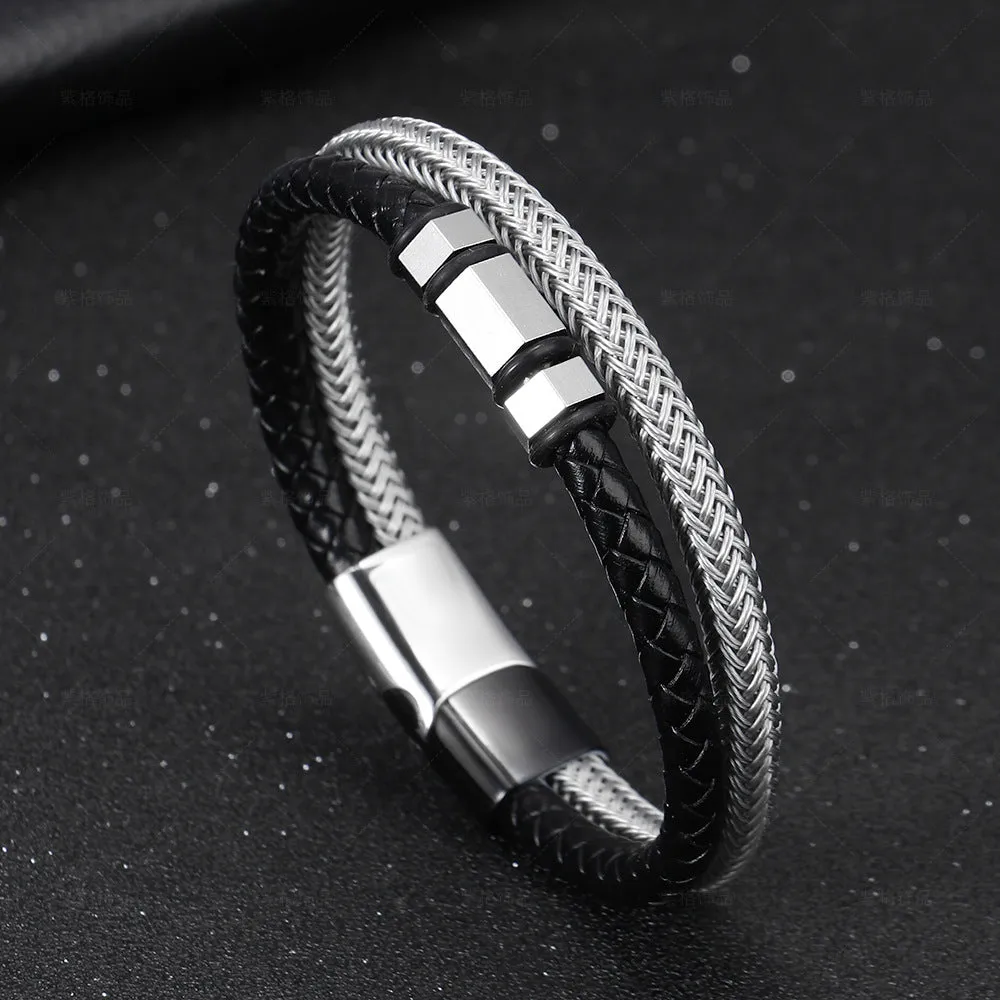 Stainless Steel Simple Steel Wire Woven Bracelet Men's Leather Magnetic Snap Titanium Steel Bracelet
