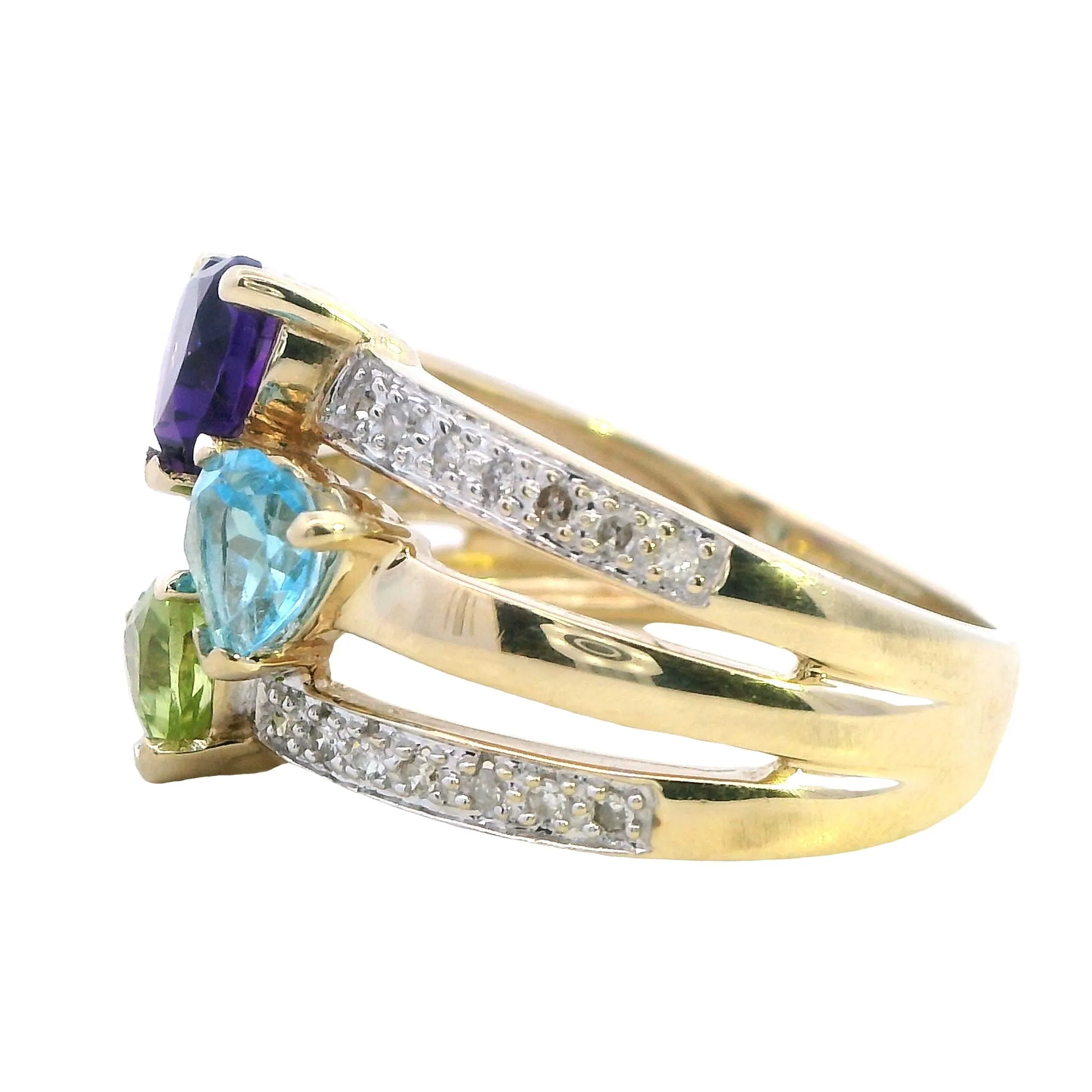 Stunning 9ct Yellow Gold Amethyst, Topaz, Peridot & Diamond Ring