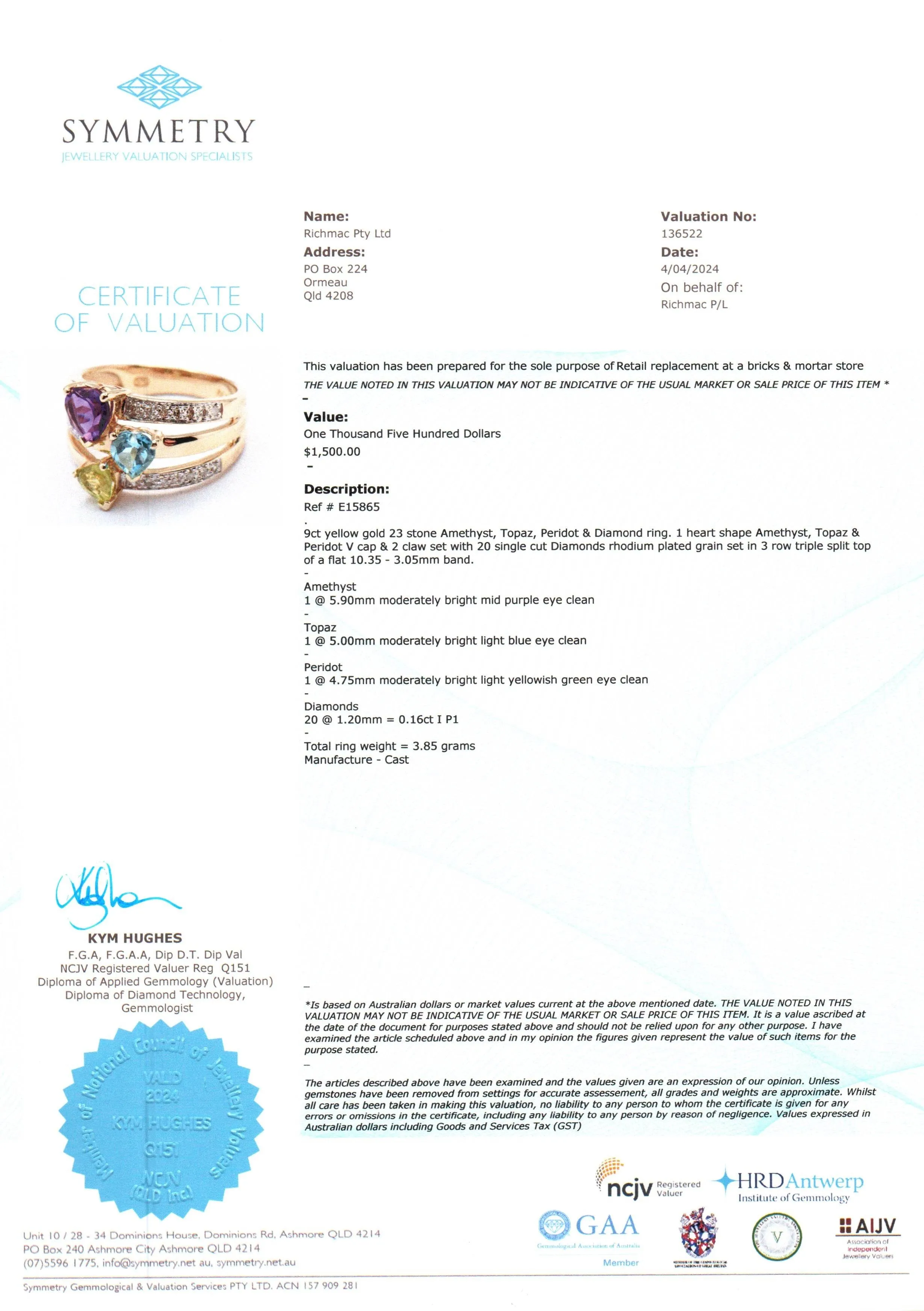 Stunning 9ct Yellow Gold Amethyst, Topaz, Peridot & Diamond Ring