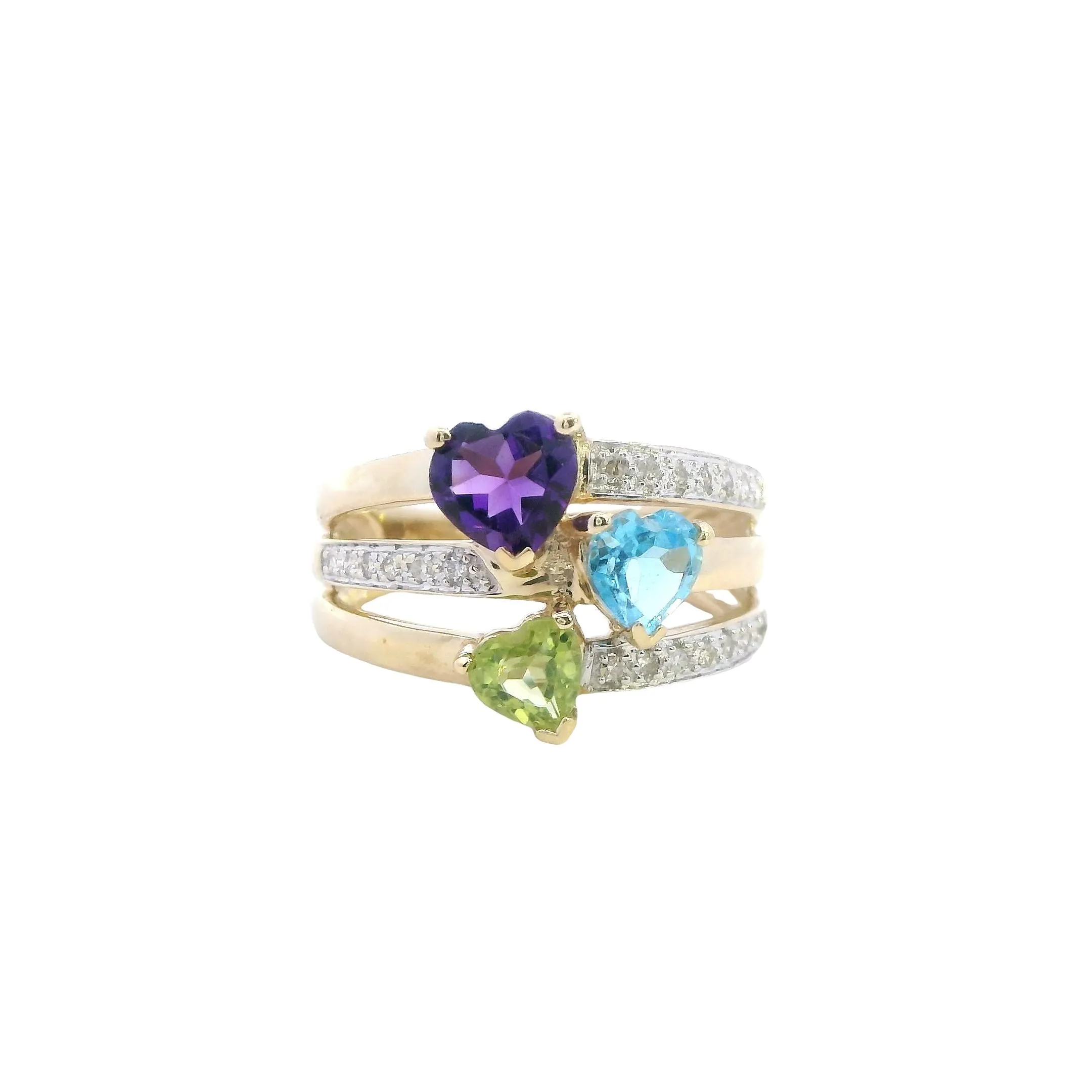 Stunning 9ct Yellow Gold Amethyst, Topaz, Peridot & Diamond Ring