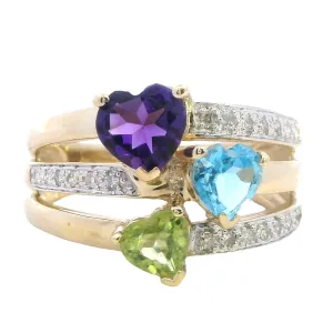 Stunning 9ct Yellow Gold Amethyst, Topaz, Peridot & Diamond Ring