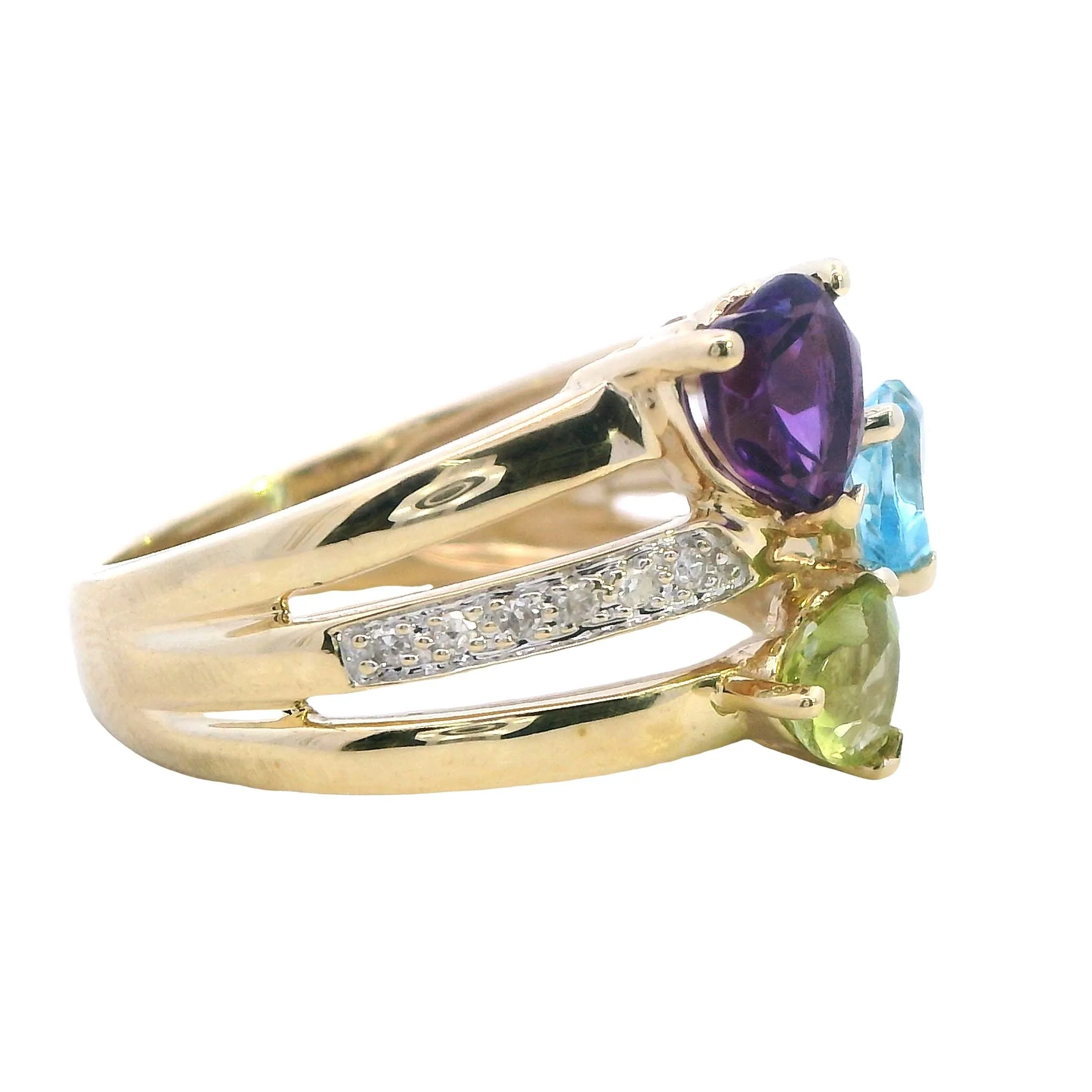 Stunning 9ct Yellow Gold Amethyst, Topaz, Peridot & Diamond Ring