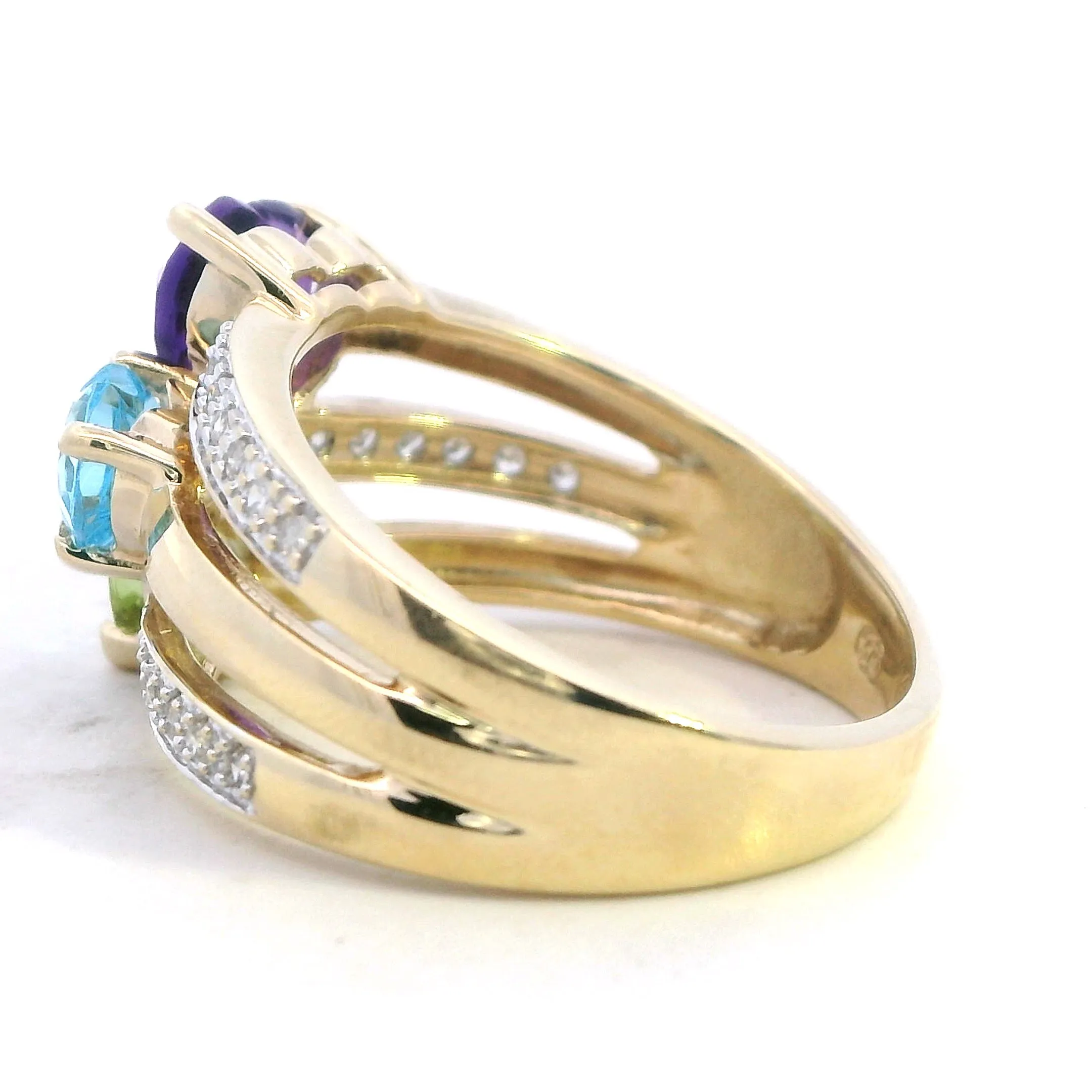 Stunning 9ct Yellow Gold Amethyst, Topaz, Peridot & Diamond Ring
