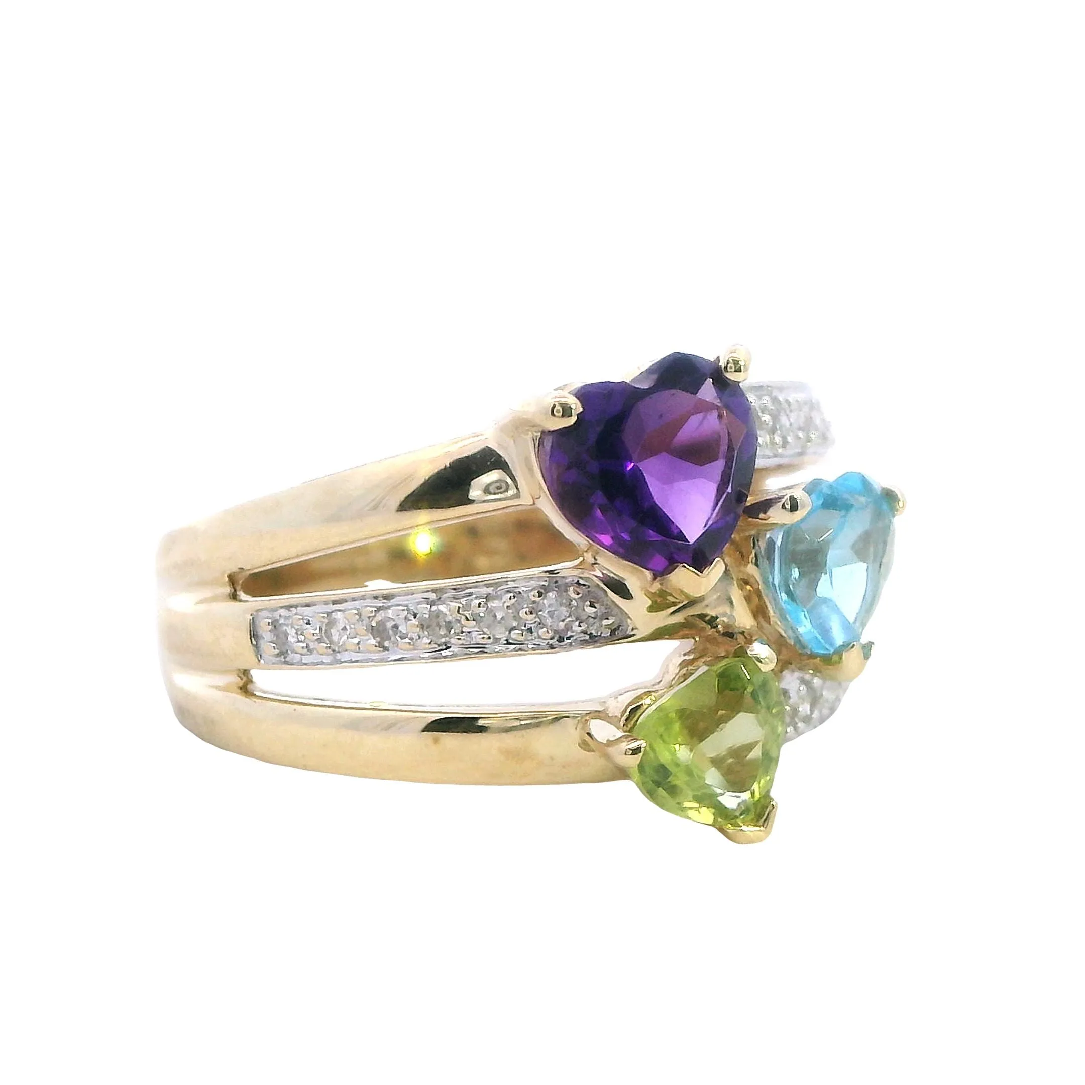 Stunning 9ct Yellow Gold Amethyst, Topaz, Peridot & Diamond Ring