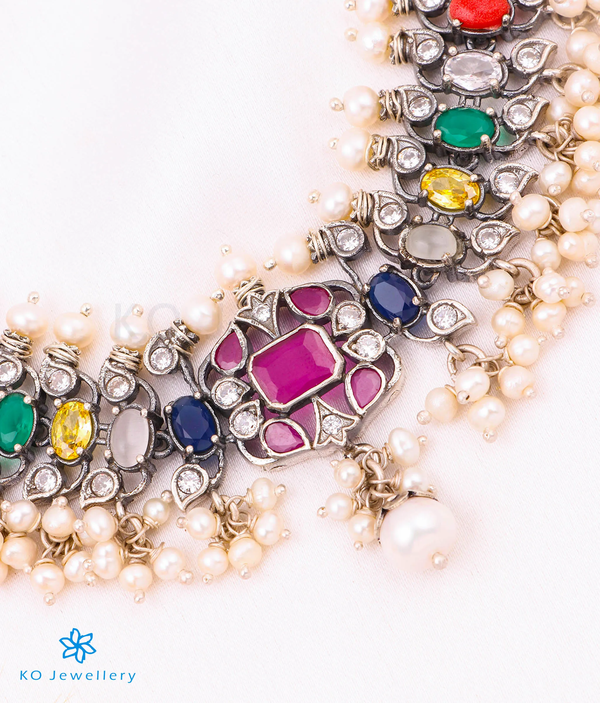 The Lipika Silver Navratna Guttapusalu Necklace