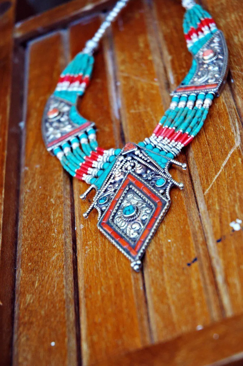 Turquoise and Coral Traditional Tibetan Necklace