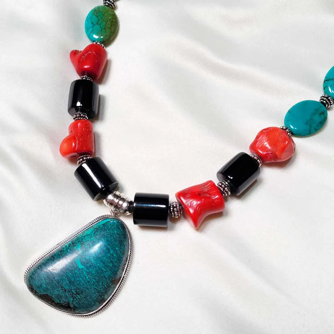 Turquoise, Coral & Jade Necklace