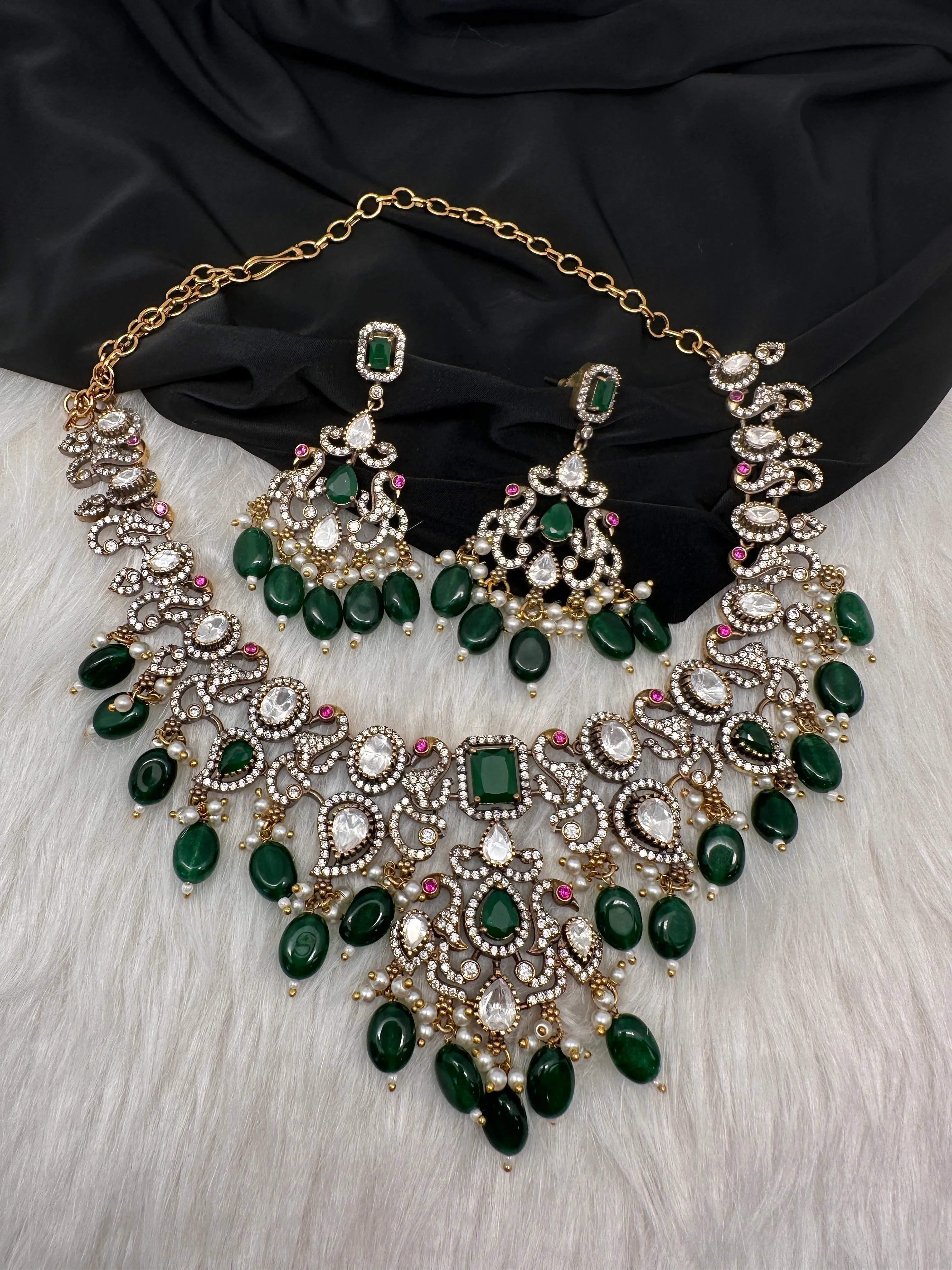 Victorian Moissanite Polki Green Necklace