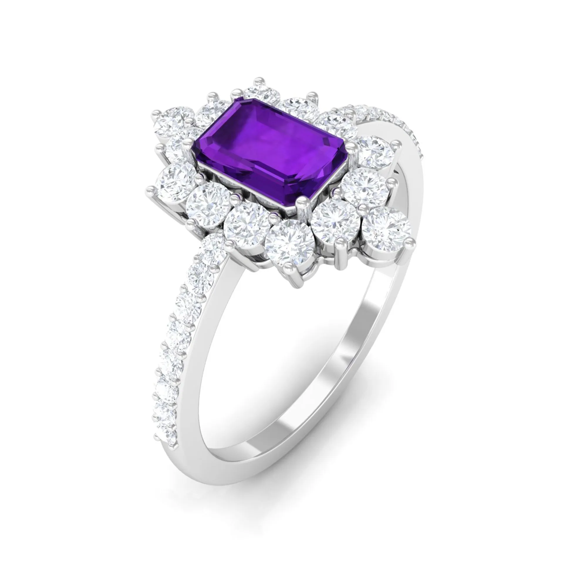 Vintage Inspired Amethyst and Diamond Halo Engagement Ring