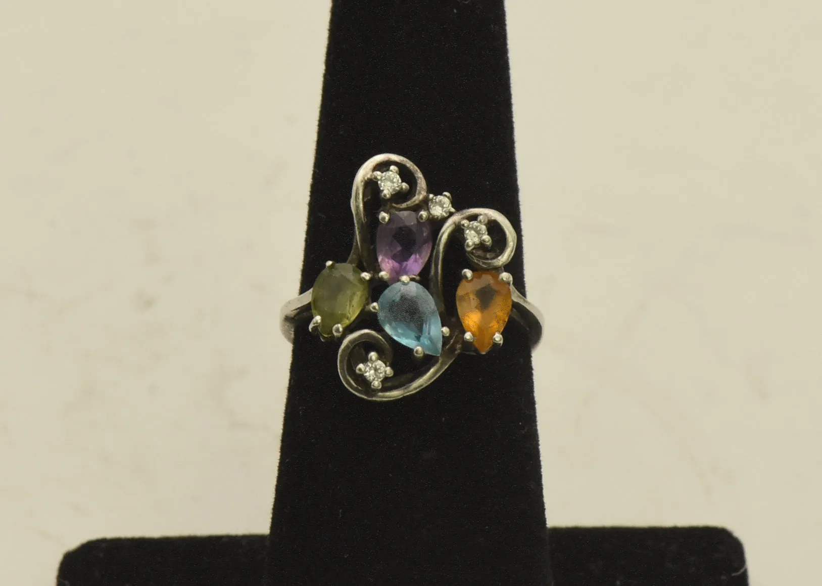 Vintage Sterling Silver Peridot, Blue Topaz, Citrine, Amethyst, CZ Ring - Size 6.5